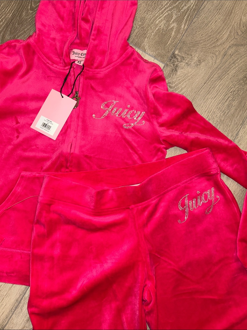 JUICY COUTURE VIXEN PINK BLING RHINESTONE SCRIPT VELOUR TRACKSUIT SWEATSUIT NWT - Picture 12 of 12
